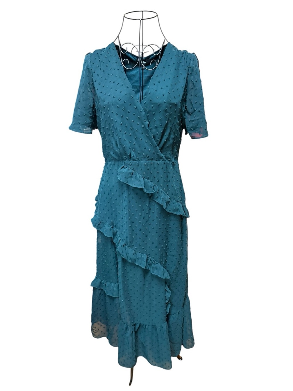 Lulu’s Forest Green Swiss Dot Ruffle Wrap Midi Summer Dress Medium